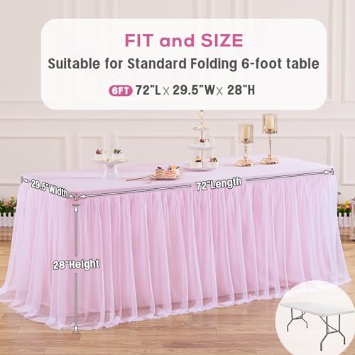 2 Pack Pink Tablecloths for 6 Foot Rectangle Tables Tulle Tablecloth Fitted Pink Table Cloth Rectangle 6ft Stretch Spandex Table Covers for Baby Shower Girls Birthday Party Banquet Desk Tables Skirt - Image 4