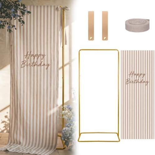 Striped Happy Birthday Sign Stand with Linen Ribbon, Khaki by Unknown