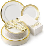 By Madee HEAVYWEIGHT White Plastic Plates with Gold Trim 175 PCS by byMadee