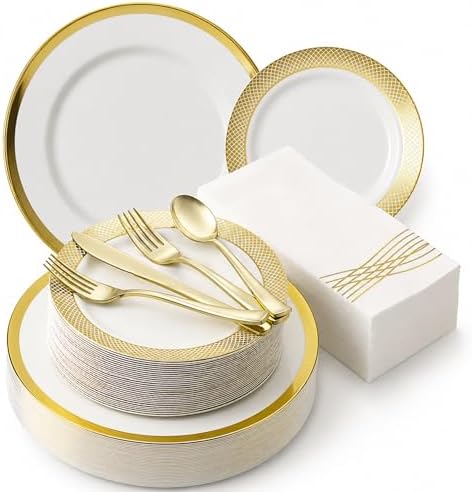 By Madee HEAVYWEIGHT White Plastic Plates with Gold Trim 175 PCS by byMadee