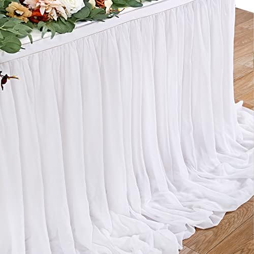 White Table Skirt for Rectangle Tables 14FT Chiffon Sheer Tablecloth for Birthday Party Sweetheart Cake Table Decoration - Image 3
