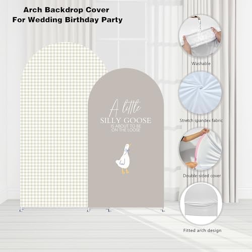 Set of 2 Arch Backdrop Covers One Silly Goose Baby Shower 2PCS Spandex Arch Stand Cover Plaids Girl Birthday Easter Party Banquets Decorations (6FT & 5FT,Tan) - Image 5