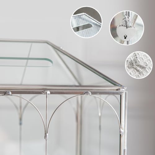 Glass Cards Box with Slot & Lock - 10.2" x 5.9" x 8" Vintage Geometric, Wedding Receptions, Home Reception, Tabletop Decor, Christmas Party, Silver - Slot Length 6.1 Inches - Image 4
