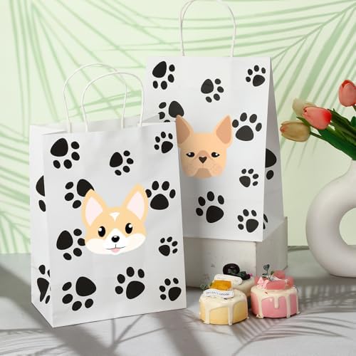 Tenceur 80 Pcs Dog Gift Bags Goodie Paw Puppy Paper Treat Bags Bulk with Handles 10.63 x 4.72 x 7.87 Inch Dog Themed Party Favors Shopping Holiday Kraft(White) - Image 5