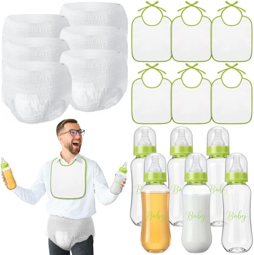 6 Sets Bottle Chug Baby Shower Games Juegos Para Plastic Baby Bottles Bibs Disposable Diapers Gender Reveal Games Baby Changing Diaper Race Game Decoration (Green) by giftlyze