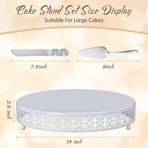 Wenqik White Metal Cake Stand 14 Inch with Cutting & Spatula - Image 2
