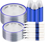 BESTSTAR 350PCS Clear and Blue Disposable Plastic Plates Set for 50 Guests by BESTSTAR