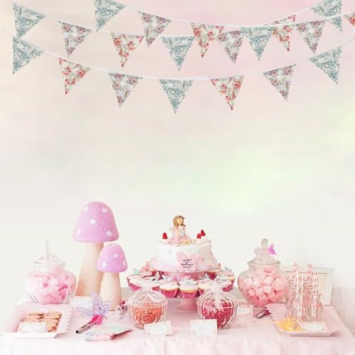Zwiebeco 32Ft Vintage Flowers Fabric Pennant Banner Triangle Flags Cotton Retro Floral Bunting Party Decorations for Birthday Engagement Wedding Baby Shower Spring Rustic Village Home Garden Decor - Image 4