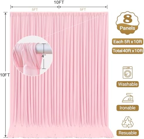 40x10FT Backdrop Curtains with Rod Pockets - Wrinkle Free Photo Stage Backdrop 8 Panels Curtains Drapes for Photography Wedding Party Baby Shower Decorations (Pink) - Image 6