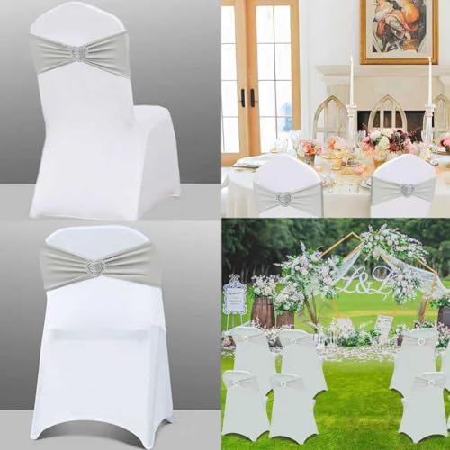 Silver Grey Chair Sashes 50 Pack Spandex Grey Sashes for Chairs Covers Universal Stretch Chair Sashes Band with Heart Buckle Slider for Wedding Banquet Party Decorations - Image 5