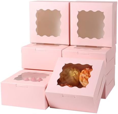 100 pcs 6x6x3 Inches Small Cake Box with Window, Bakery Pastry Cookie Boxes, Mini Pie container for Pastry,Dessert,Strawberries,Chocolates, Cupcakes with paper stickers (pink) by PFAMKEER