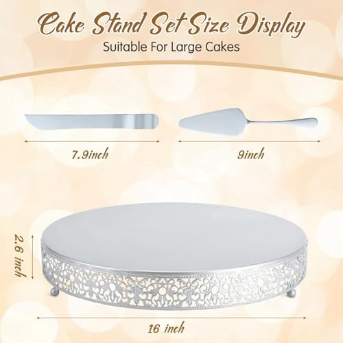 Wenqik 16 Inch Silver Cake Stand Metal Round with Cutter Spatula, Classic - Image 2