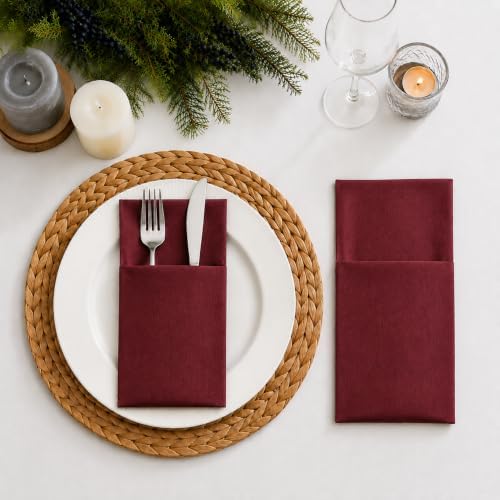 100Pcs Burgundy Napkins Disposable Linen Feel Dinner Paper Napkins with Built-in Flatware Pocket, 16in x 16in Airlaid Paper Pre-Folded Napkin for Silverware Baby Shower Easter Wedding Birthday Party - Image 2