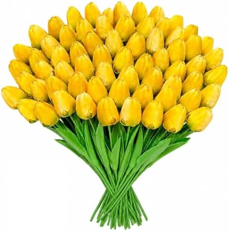 Yellow Artificial Tulips for Vase, 48 Stems Faux Flowers for Spring Decor, Easter Centerpieces, Tulip Floral Arrangements, Home Decorations by Livresse