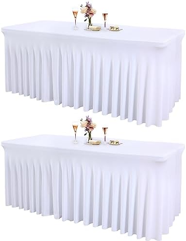 2 Packs White Tableclothes for 4 Foot Rectangle Tables, Wrinkle Resistant Fitted Table Cloth Stretch Spandex Table Covers with Skirt for Event Banquet Wedding Birthday Party by PartyTalk