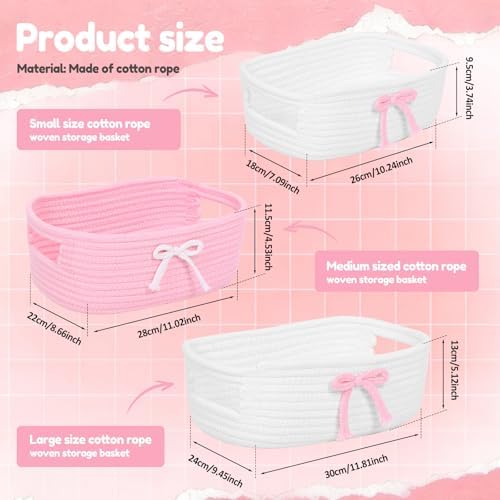 3Pcs Pink Bow Baskets , Coquette Woven Cotton Rope Storage Baskets with Handles, Cute Ribbon Decorative Laundry Hamper Bins for Nursery, Shelf, Makeup, Diaper, Baby Shower Nesting Organizer - Image 3