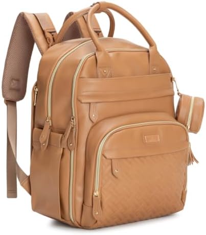 BabbleRoo Leather Diaper Bag Backpack - Baby Essentials Travel Baby Bag, Multi function, Water Resistant, with Changing Pad, Stroller Straps & Pacifier Case – Unisex, Light Brown by BabbleRoo