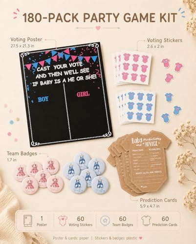 Gender Reveal Games For Guests 180 Pack All-in-One Voting Game Kit, Team Boy or Girl Pins, Stickers, Poster and Baby Prediction Cards for Baby Shower Party Guests - Image 4