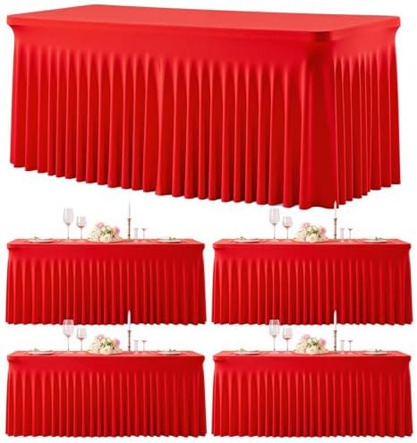4 Pack Red Table Cloth for 8 Foot Rectangle Tables Spandex Fitted Tablecloth 8ft Stretch Table Covers Skirt Red Banquet Tablecloths Wrinkle Free Tablecloth for Party Wedding Birthday Event by Tao-GePartyDecorations