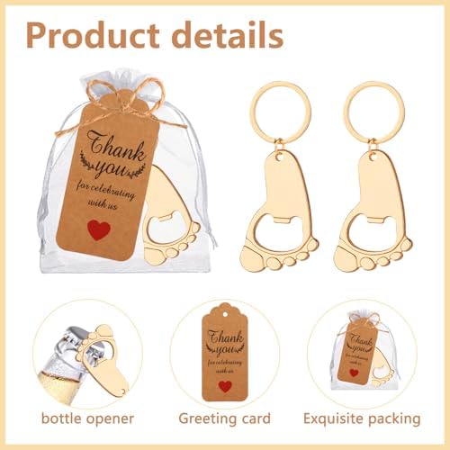 50 Pcs Footprint Keychain Bottle Opener Baby Shower Return Favors For Guests Baby Foot Bottle Opener Gift Baby Shower Party Favors Or Souvenir Guest With Organza Bags And Thank Tags - Image 3