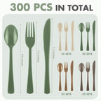 Kochorie 300 Pieces Woodland Plastic Silverware, Disposable Plastic Utensils, Heavy Duty Cutlery Set Heavyweight Flatware Includes Spoons Forks Knives for Birthday Wedding Forest Party Supplies - Image 2