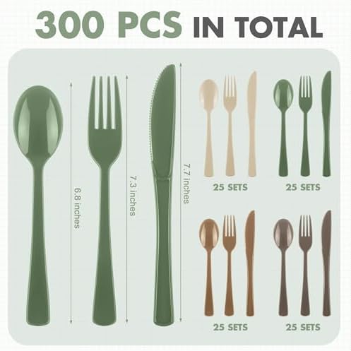 Kochorie 300 Pieces Woodland Plastic Silverware, Disposable Plastic Utensils, Heavy Duty Cutlery Set Heavyweight Flatware Includes Spoons Forks Knives for Birthday Wedding Forest Party Supplies - Image 2