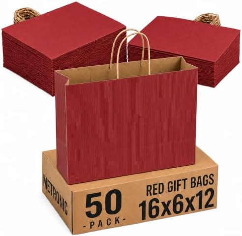 METRONIC Red Large Paper Gift Bags with Handles 16 x 6 x 12 Inch, 50 Pack by METRONIC