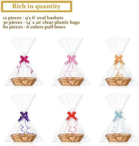 Jetec 12 Pcs Empty Gift Baskets Woven with Bows and Clear Bags,Beige - Image 3