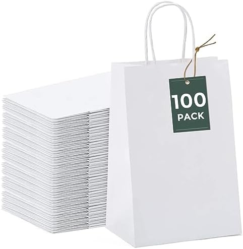 GSSUSA 100 Pack White Paper Bags with Handles, Small Gift Bags 5.25x3.75x8 by GSSUSA