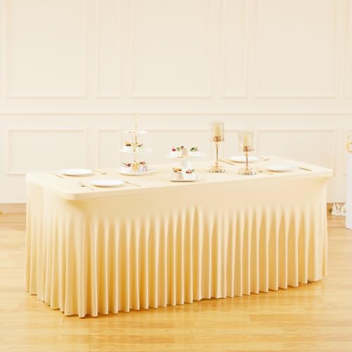 Besutolife Champagne Spandex Tablecloth 8ft Rectangle Table Skirt Stretch Table Cover for Banquets Parties Wedding Dining Table - Image 2