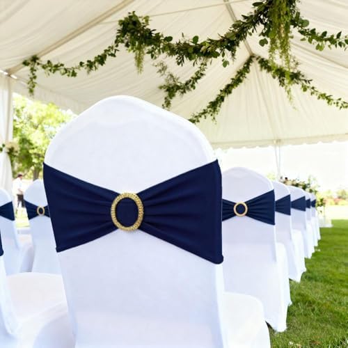 50 Pack Navy Blue Chair Sashes with Gold Buckle Slider, Spandex Dark Blue Bands Bows for Folding Chairs Gender Reveal Banquet Décor - Image 4