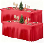 Wish Care 2 Pack Red Spandex Table Clothes for 6 Foot Rectangle Tables, 6FT Wrinkle Free Fitted Tablecloths Ruffles Design Table Cover for Party, Banquet, Wedding and Events by WishCare