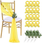 QueenDream Yellow Chair Sashes Wedding: 16 Pieces Long Sheer Wedding Aisle Chair Decorations Tulle Chairs Covers with Artificial Eucalyptus by QueenDream