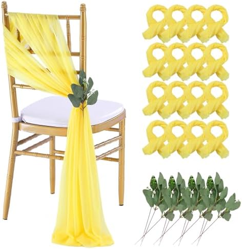 QueenDream Yellow Chair Sashes Wedding: 16 Pieces Long Sheer Wedding Aisle Chair Decorations Tulle Chairs Covers with Artificial Eucalyptus by QueenDream