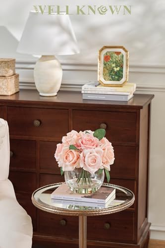WELL KNOWN Artificial Flowers with Vase, Pink Silk Rose Artificial Flowers - Image 4