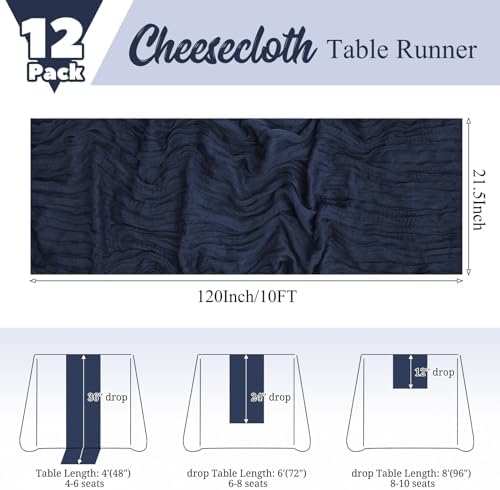 12 Pack Navy Blue Table Runners 10Ft Cheesecloth Table Runner Rustic Gauze Table Runner Romantic Long Sheer Fabric Cheese Cloth Table Runner for Wedding Party Bridal Baby Shower - Image 2