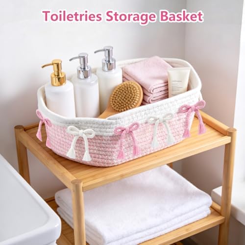 3PC Pink Bow Baskets for Gift Cute Coquette Woven Rope Storage Basket with Handle Laundry Hamper Storage Bins for Home Decor Organization Nursery Baby Shower, 11.8''x7.8''x4.7'' - Image 6