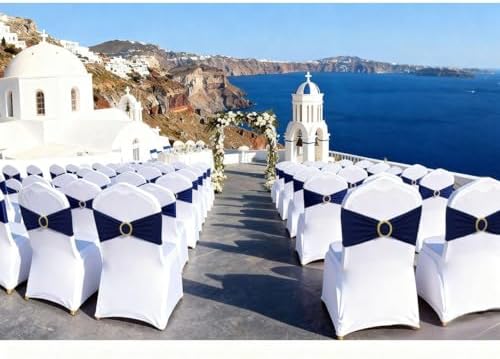 50 Pack Navy Blue Chair Sashes with Gold Buckle Slider, Spandex Dark Blue Bands Bows for Folding Chairs Gender Reveal Banquet Décor - Image 2