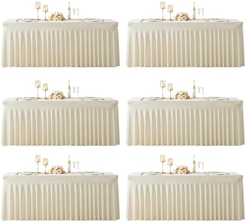 6 Pack 8ft Beige Spandex Tablecloths for Rectangle Tables Wrinkle Free Beige Rectangle Table Cloth Stretch Fitted Table Cover with Skirt for Wedding Birthday Party Banquet Baby Shower Buffet Event by Suppromo