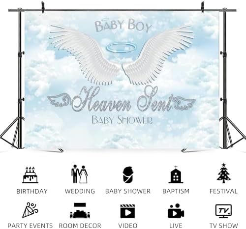 15x8ft Baby Shower Backdrop Baby Boy Heaven Sent Photography Background Angel Wings Blue Sky White Clouds Paradise Prince Boys Party Banner Decorations Newborn Gender Reveal Photo Booth Prop - Image 5