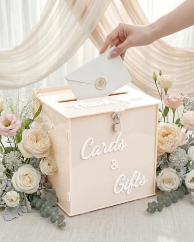 Cream Beige Acrylic Wedding Card Box with Lock, 10" Card Holder with Slot - Image 3