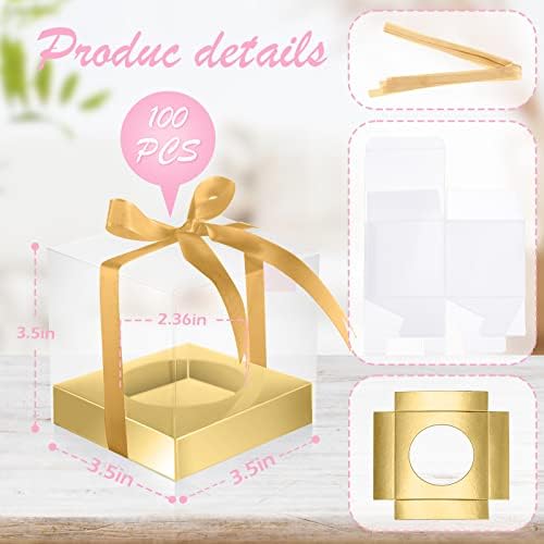 Gerrii 100 Pcs Clear Plastic Individual Cupcake Boxes 3.5" Single Cupcake Containers Transparent Ornament Gift Box with Inserts and Ribbon for Wedding Baby Shower Party Favor(Gold) - Image 2