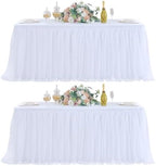 familus White Table Cloths 8 Foot Rectangle 2 Pack Stretch Ruffle Tulle Tablecloth Spandex Fitted Table Cover for 8 Foot Tulle Table Skirts for Party Wedding Table Cloths, Banquets by familus
