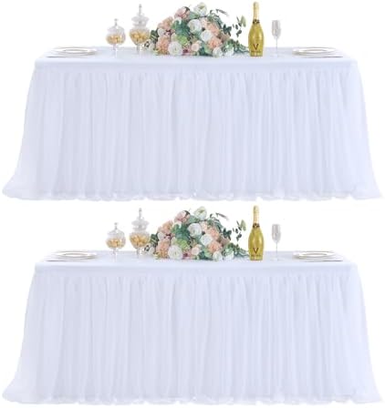 familus White Table Cloths 8 Foot Rectangle 2 Pack Stretch Ruffle Tulle Tablecloth Spandex Fitted Table Cover for 8 Foot Tulle Table Skirts for Party Wedding Table Cloths, Banquets by familus
