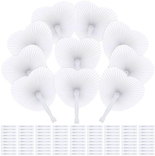 Aodaer 100 Pack Heart Shaped Folding Fans White Paper Fans Handheld Fans with Plastic Handles for Party, Wedding, Anniversary Decoration by Aodaer
