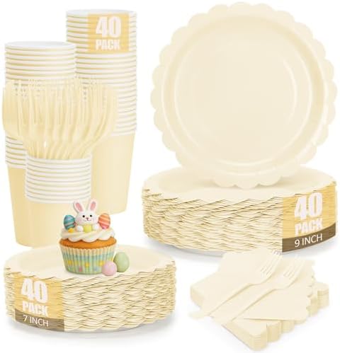 200Pcs Ivory Paper Plates and Napkins, 9’’and 7’’ Disposable Scalloped Cream Party Plates Cups Napkins Forks Set Party Supplies for Baby Shower Bridal Shower Birthday Party Decorations, Serves 40 by CENLBJ