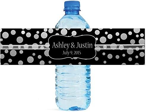 100 Silver Confetti Black Background Wedding Water Bottle Labels Engagement Party 8"x2" by DesignThatSign