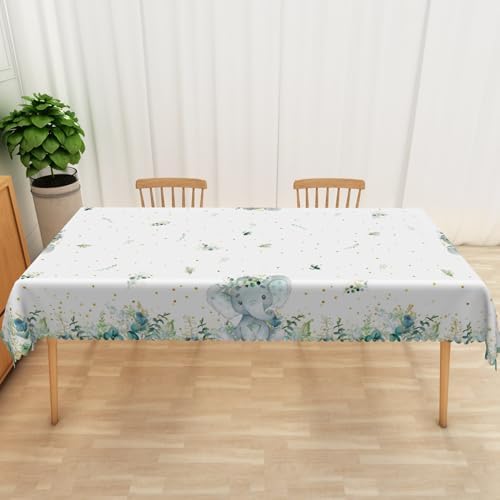 Elephant Baby Shower Tablecloth 70x90 Inch Gold Polka Dots Green Eucalyptus Leaves Fabric Table Cloth Polyester Oilproof Washable Rectangle Table Cover for Boy Baby Shower Gender Reveal Decor - Image 4