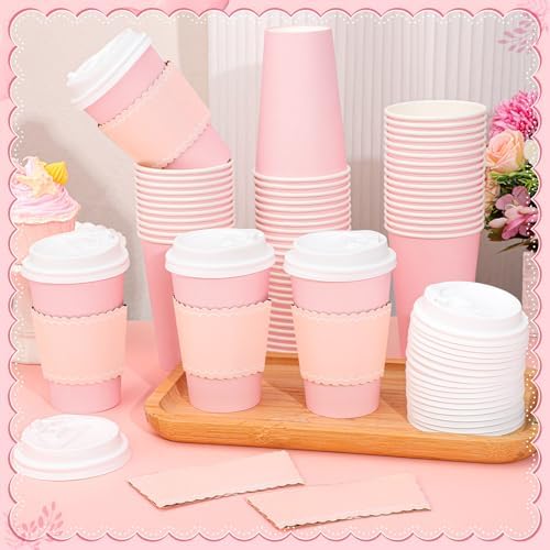 120 Pack Pink Coffee Cups with Lid Sleeves, 12oz Insulated To Go Paper Cup - Image 4