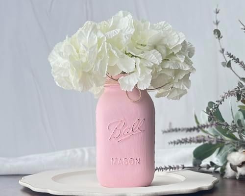 Pink Centerpieces for Baby Shower - Pink Mason Jar Flower Vase Centerpiece - Set of 5 Painted Mason Jars – 32 oz – Pink Rustic Mason Jar Centerpiece Baby Shower, Birthday (5 Pink w/Hydrangea) - Image 6